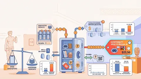 Illustrazione: confronto tra audioguida BYOD su smartphone del visitatore e hardware dedicato, con le principali voci di costo — dispositivi, beacon per la localizzazione indoor, QR e NFC, produzione dei contenuti multilingua