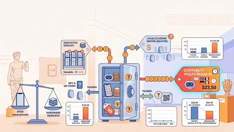 Illustrazione: confronto tra audioguida BYOD su smartphone del visitatore e hardware dedicato, con le principali voci di costo — dispositivi, beacon per la localizzazione indoor, QR e NFC, produzione dei contenuti multilingua