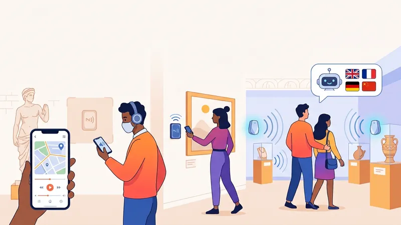 Illustrazione: visitatori di un museo usano il proprio smartphone come audioguida, con mappa e player audio, tag NFC accanto alle opere, beacon che attivano i contenuti e un assistente AI che risponde in più lingue