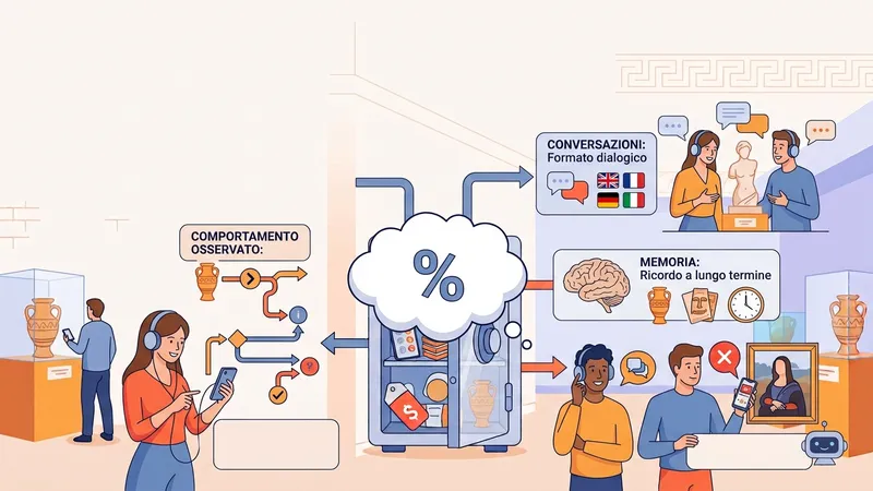 Illustrazione: cosa misurano davvero gli studi sull'engagement museale — comportamento osservato dei visitatori, conversazioni innescate dall'audioguida e ricordo delle opere a lungo termine